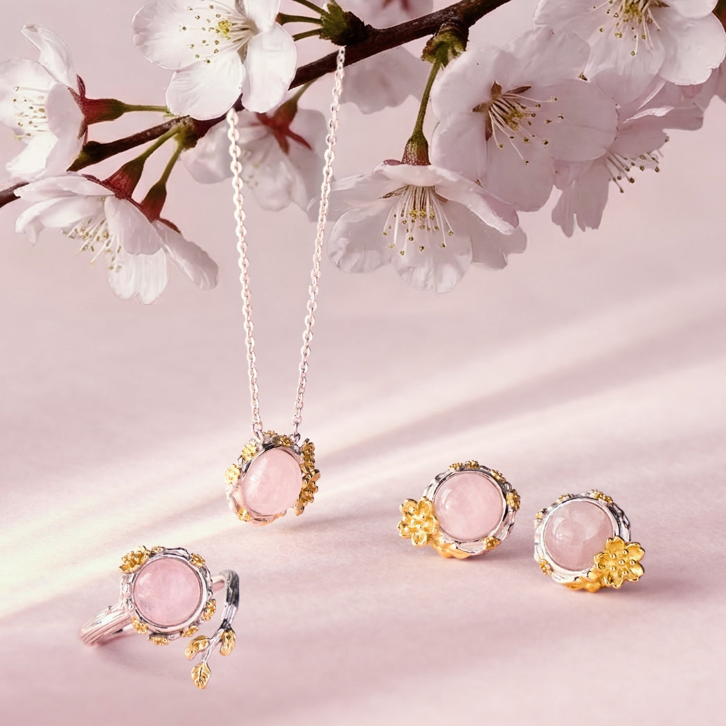 RISIS Cherry Blossom Earrings, Necklace & Ring, 925 Sterling Silver Encapsulated in Rhodium and 18K Gold with Rose Quartz
