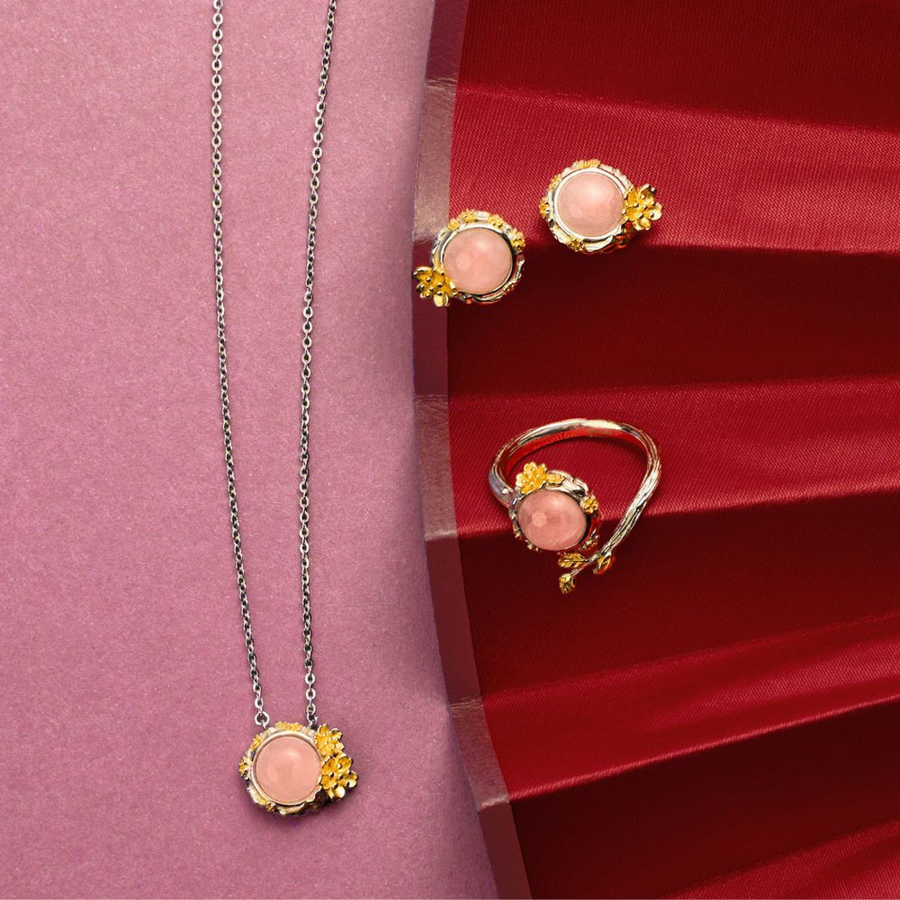 RISIS Cherry Blossom Earrings, Necklace & Ring, 925 Sterling Silver Encapsulated in Rhodium and 18K Gold with Rose Quartz