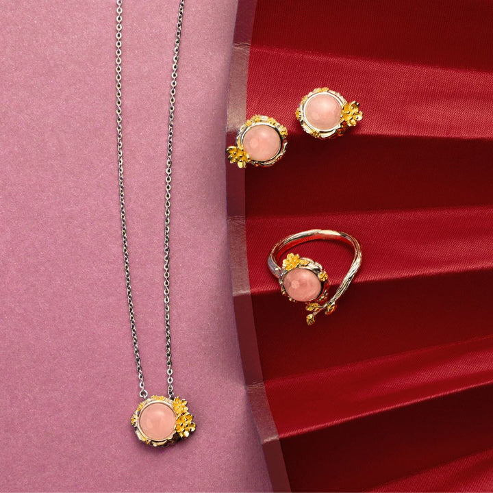 RISIS Cherry Blossom Earrings, Necklace & Ring, 925 Sterling Silver Encapsulated in Rhodium and 18K Gold with Rose Quartz