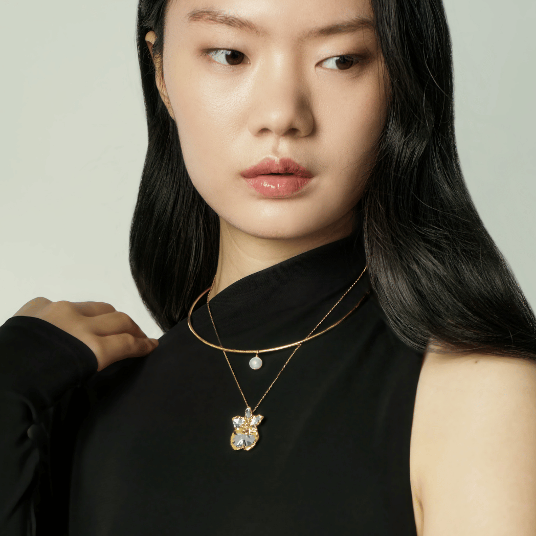 RISIS Coco Orchid Choker layered necklace encapsulated in 24K Swiss Gold and Palladium with Japanese Akoya Pearl