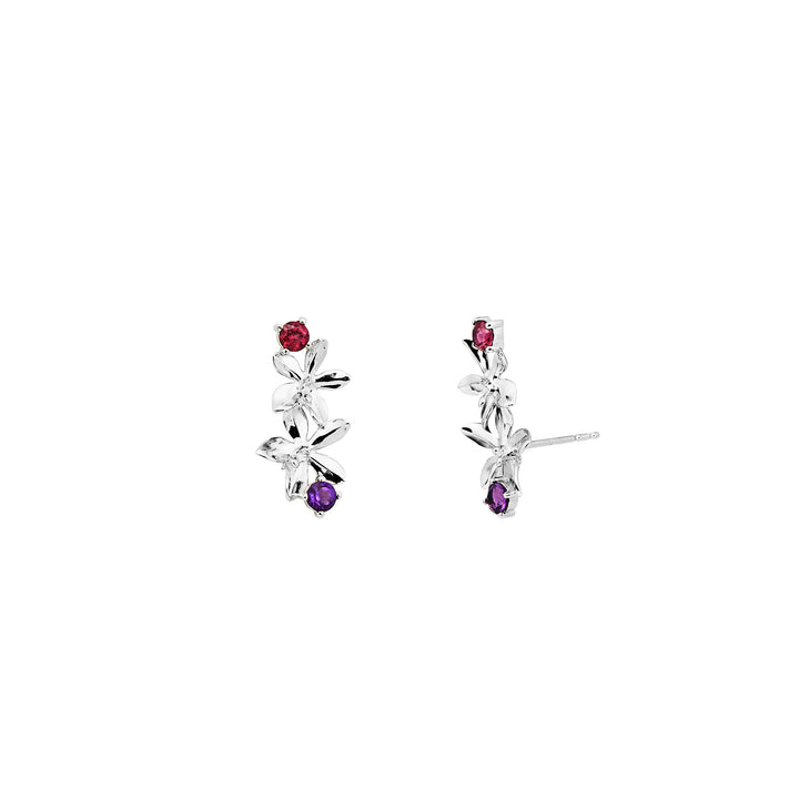 RISIS Dainty Ascocenda Ear Climber , 925 Sterling Silver encapsulated in Rhodium with Amethyst and Rhodolite Natural Gemstones