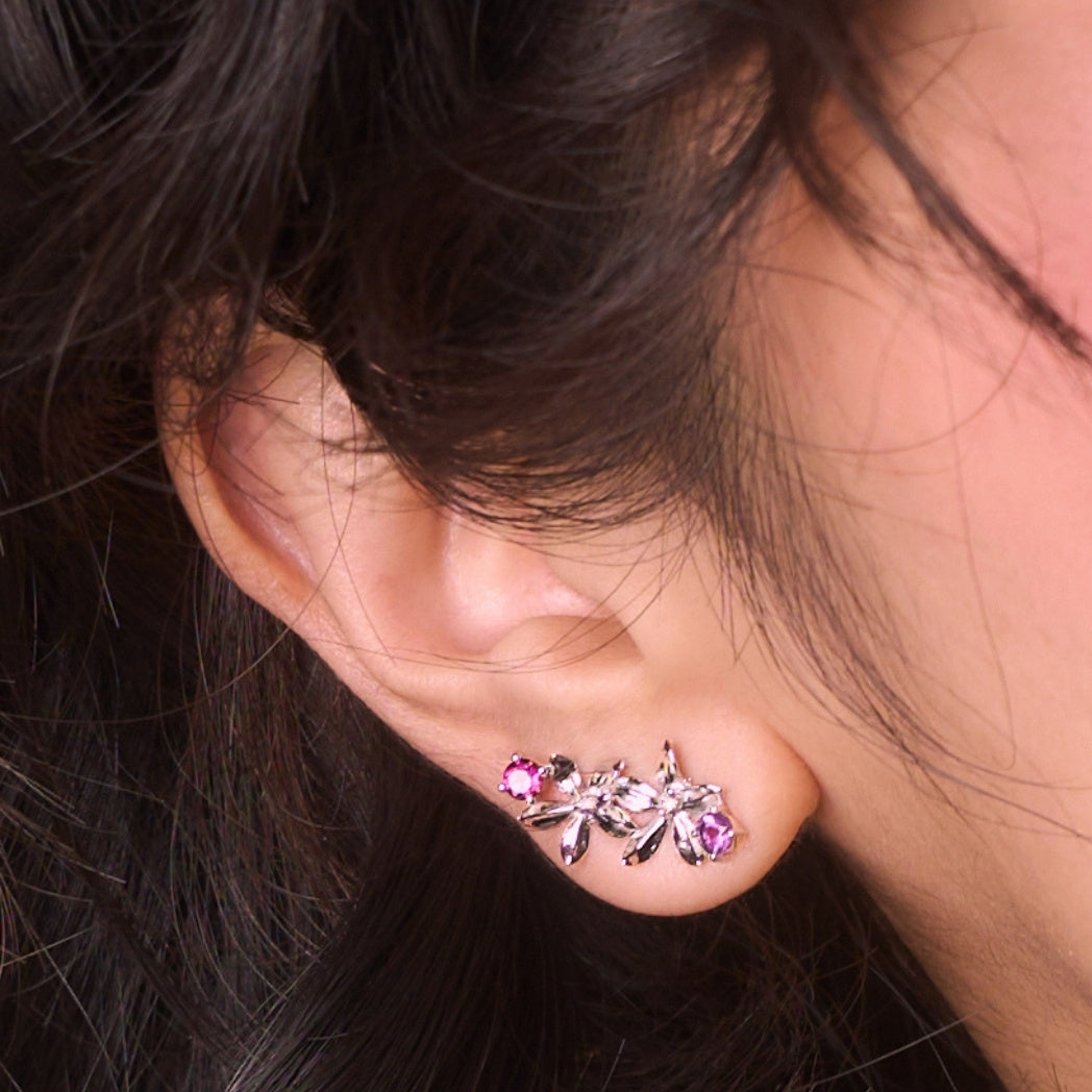 RISIS Dainty Ascocenda Ear Climber in Rhodium with Amethyst and Rhodolite