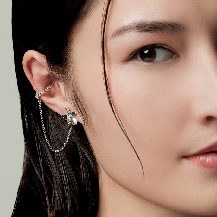 RISIS Dainty Ascocenda Orchid Ear Cuff, 925 Sterling Silver encapsulated in Rhodium with White Topaz