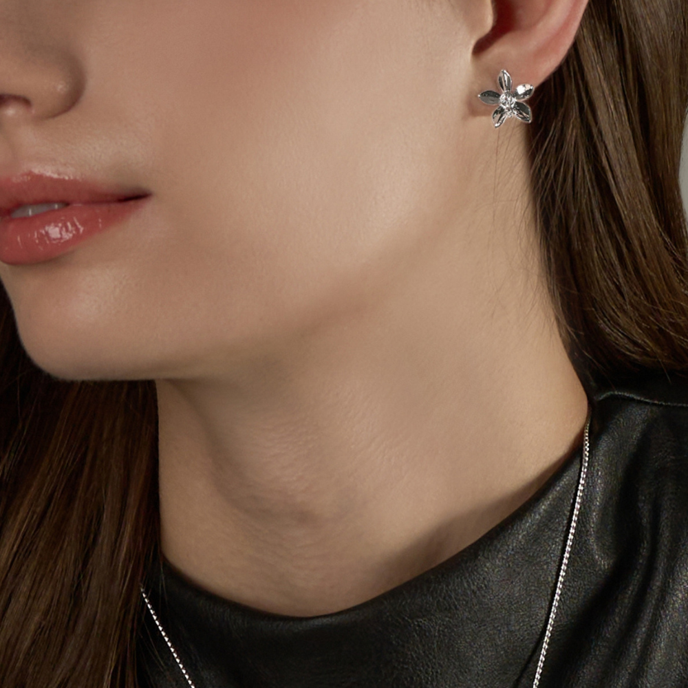 RISIS Dainty Ascocenda Orchid Earrings, 925 Sterling Silver encapsulated in Rhodium with White Topaz