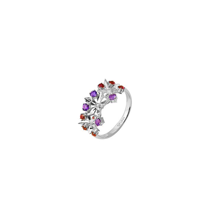 RISIS Dainty Ascocenda Ring - 925 Sterling Silver encapsulated in Rhodium with Amethyst and Rhodolite Natural Gemstones