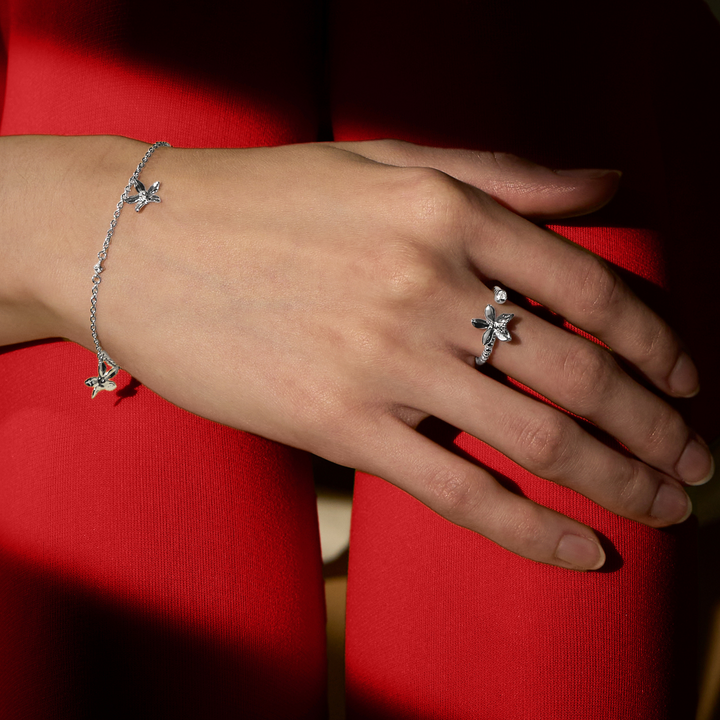 RISIS Dainty Vanda Bracelet and Ring, 925 Sterling Silver encapsulated in 18K Gold with White Topaz