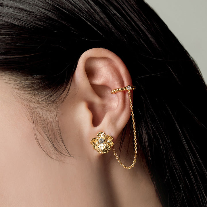 RISIS Dainty Vanda Ear Cuff, 925 Sterling Silver encapsulated in 18K Gold with White Topaz