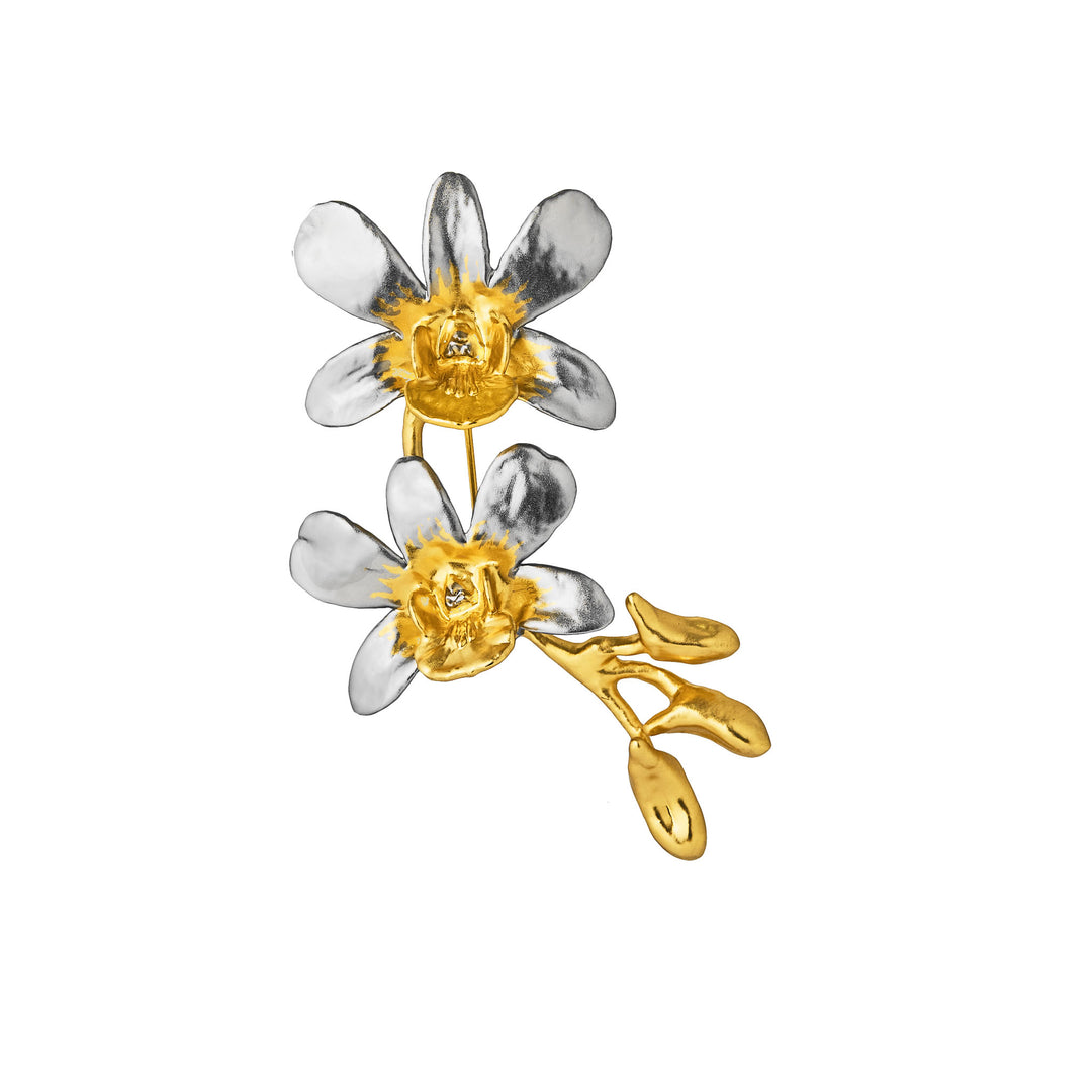RISIS Dendrobium Dual-Bloom Orchid Brooch In Gold & Palladium, Natural Dendrobium Orchid encapsulated in 24K Swiss Gold and Palladium and Natural Kagawara Orchid encapsulated in 24K Swiss Gold with Freshwater Pearl