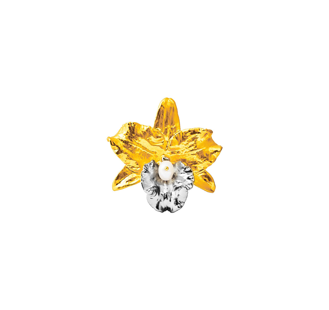 RISIS Dendrobium Roy Orchid Pearl Brooch in Gold and Palladium