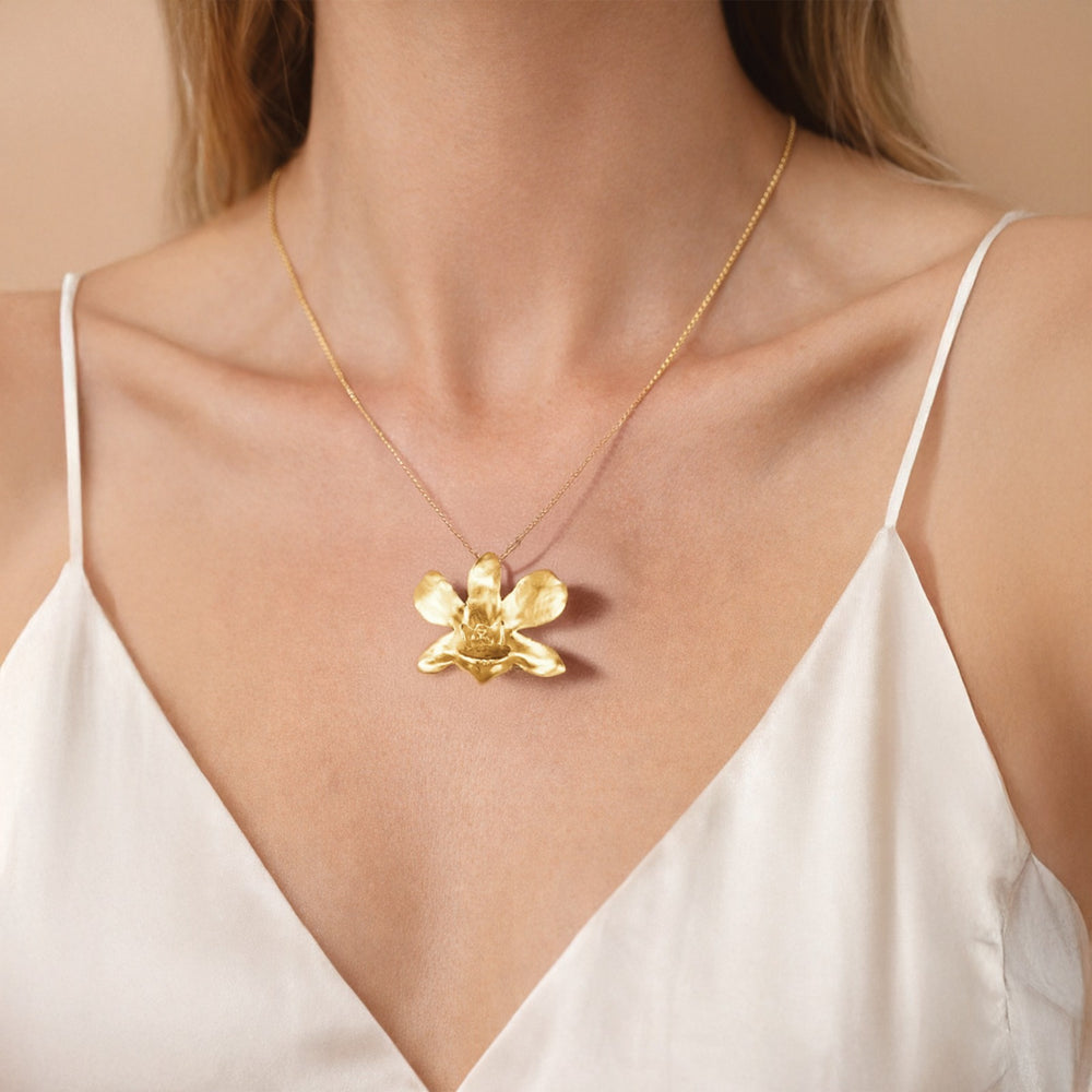 RISIS Dendrobium Thong Chai Orchid Necklace cum Brooch, Natural Orchid and brass chain encapsulated in 24K Swiss Gold