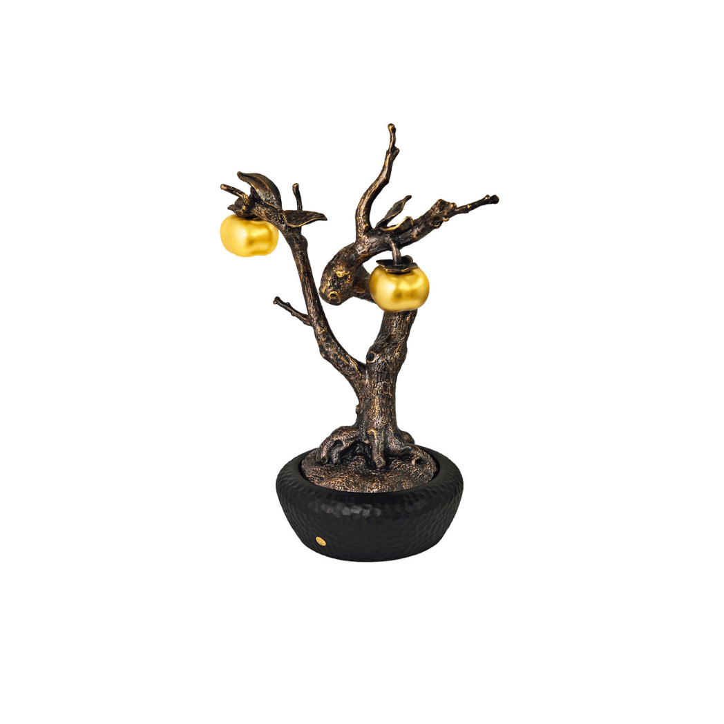 RISIS Double Blessings Persimmon Bonsai, encapsulated in 24K Swiss Gold on a designer pot