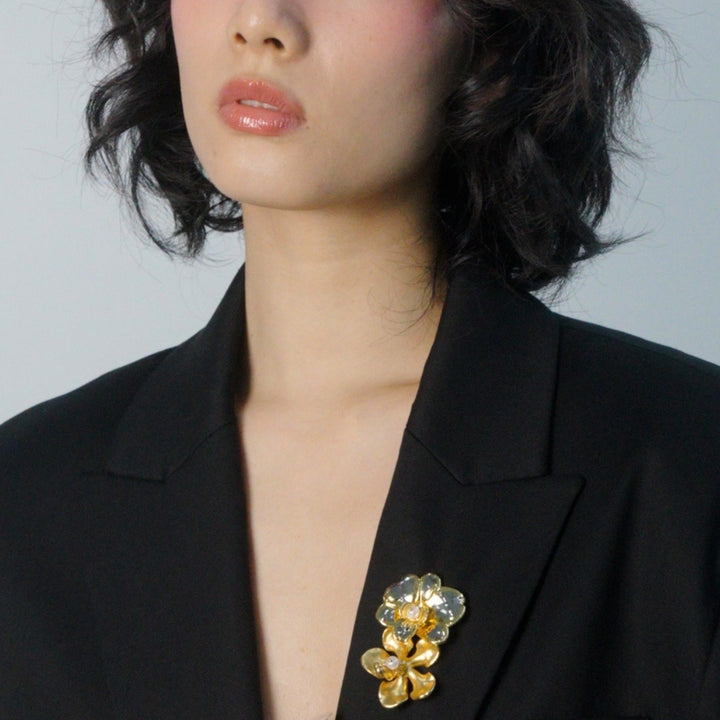 RISIS Dual-Bloom Orchid Brooch of Elegance, Natural Dendrobium Orchid encapsulated in 24K Swiss Gold and Palladium and Natural Kagawara Orchid encapsulated in 24K Swiss Gold with Freshwater Pearl