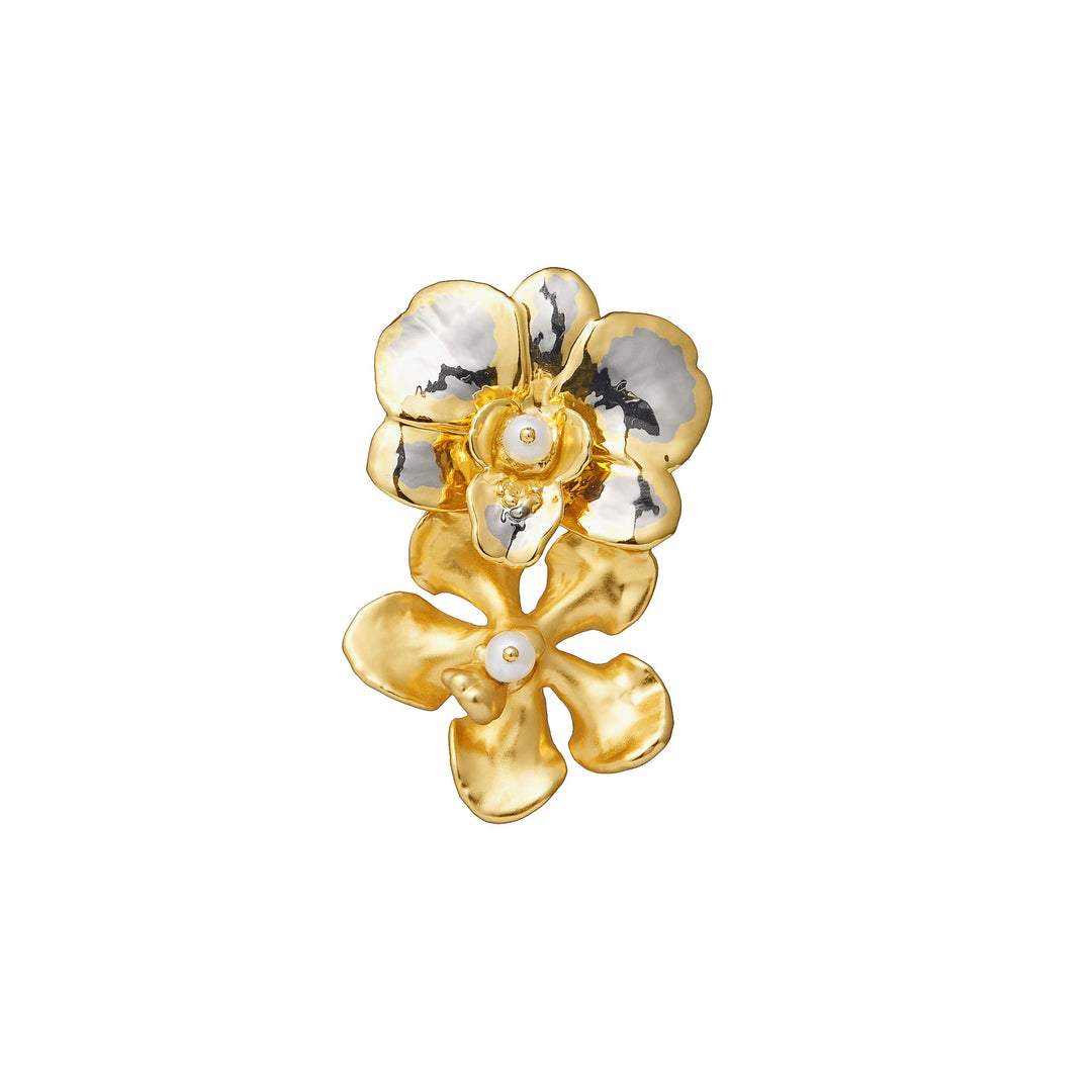 RISIS Dual-Bloom Orchid Brooch of Elegance, in 24K Swiss Gold and Palladium and Natural Kagawara Orchid with Freshwater Pearl