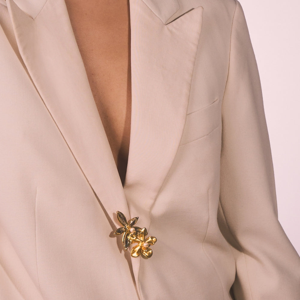 RISIS Dual-Bloom Orchid Brooch of Strength, Natural Phalaenopsis Orchid encapsulated in 24K Swiss Gold and Palladium and Natural Vanda Limbata Orchid encapsulated in 24K Swiss Gold with Freshwater Pearls