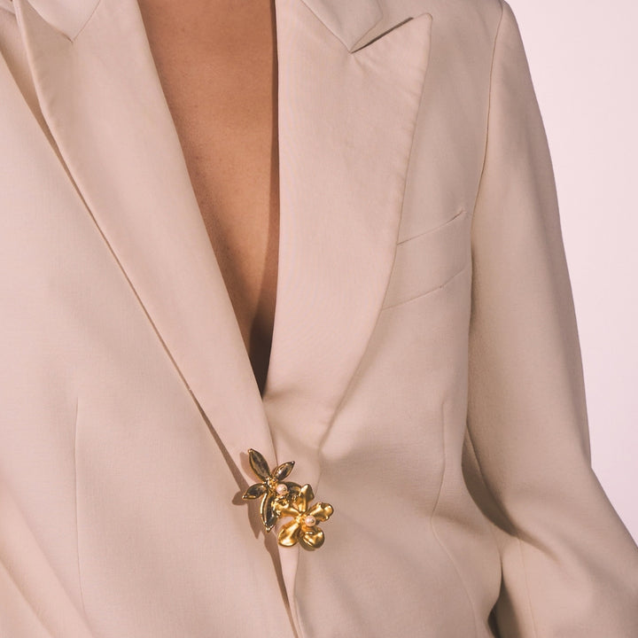 RISIS Dual-Bloom Orchid Brooch of Strength, Natural Phalaenopsis Orchid encapsulated in 24K Swiss Gold and Palladium and Natural Vanda Limbata Orchid encapsulated in 24K Swiss Gold with Freshwater Pearls