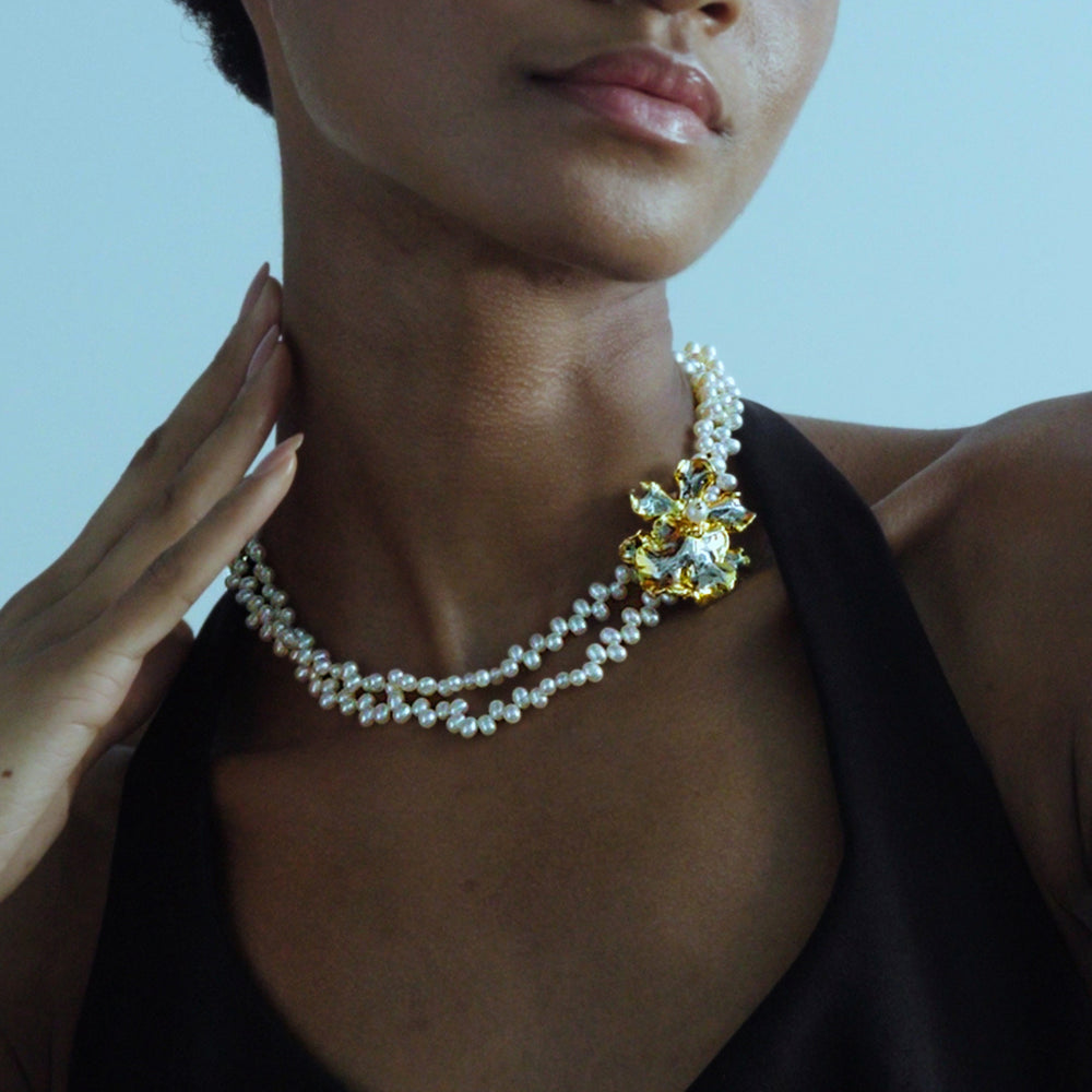 RISIS Dual-Wear Orchid Pearl Necklace & Brooch, Natural Oncidium Wildcat Orchid and brass chain encapsulated in 24K Swiss Gold and Palladium Silver with Freshwater Pearl