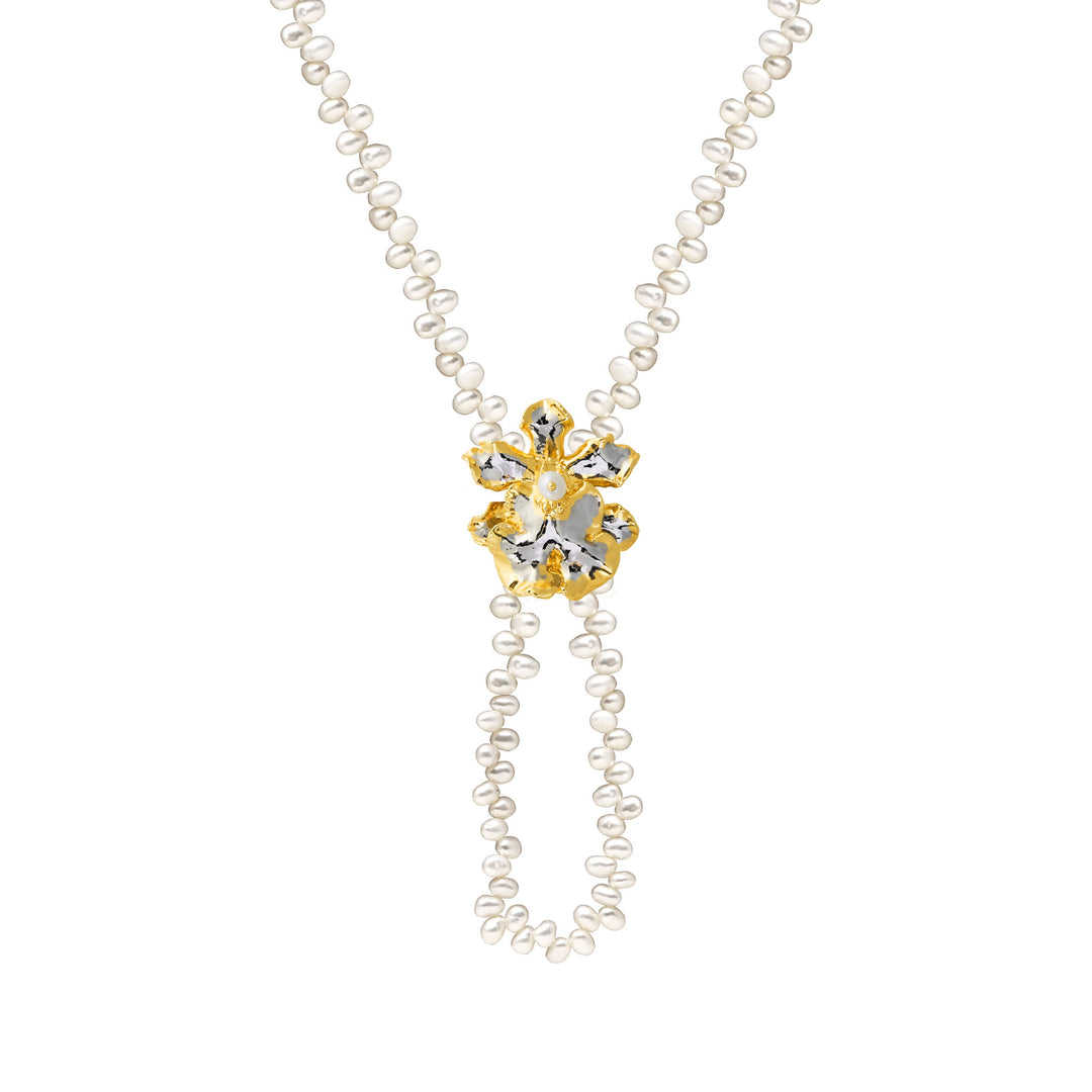 RISIS Dual-Wear Orchid Pearl Necklace & Brooch, Natural Oncidium Wildcat Orchid and brass chain encapsulated in 24K Swiss Gold and Palladium Silver with Freshwater Pearl