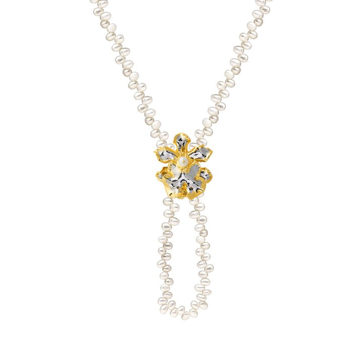 RISIS Dual-Wear Orchid Pearl Necklace & Brooch, Natural Oncidium Wildcat Orchid and brass chain encapsulated in 24K Swiss Gold and Palladium Silver with Freshwater Pearl