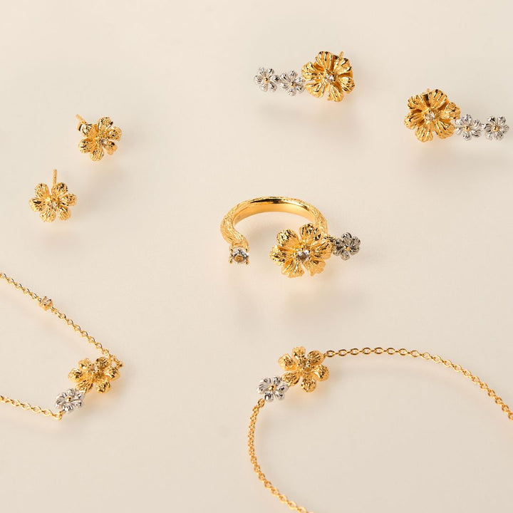 RISIS Enchanted Jasmine Jewelry Set (Necklace, Earrings, Bracelet and Ring), 925 Silver encapsulated in 24K Swiss Gold and Palladium Silver with White Topaz