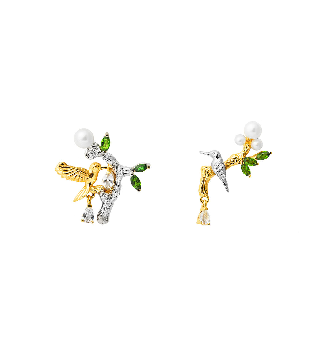 RISIS Enchanted Mangrovia Bird Earrings, 925 Sterling Silver encapsulated in 24K Swiss Gold and Palladium with Freshwater Pearls, Chrome Diopside and White Topaz