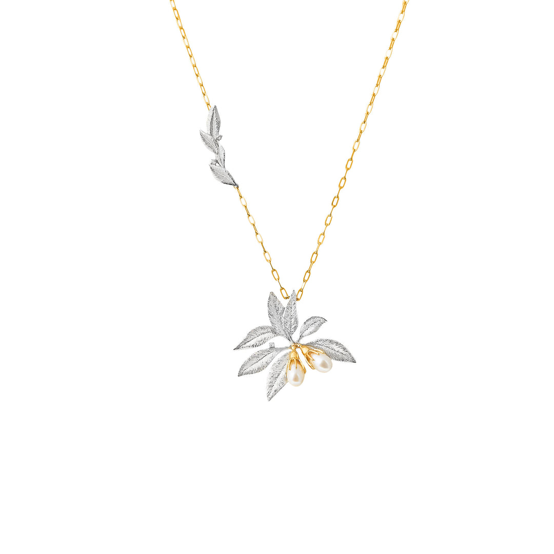 RISIS Enchanted Mangrovia Long Necklace, 925 Sterling Silver encapsulated in 24K Swiss Gold and Palladium with Freshwater Pearls and White Topaz