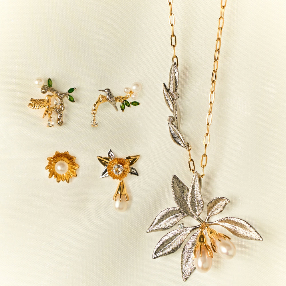 RISIS Enchanted Mangrovia Necklace and Earrings, 925 Sterling Silver encapsulated in 24K Swiss Gold and Palladium with Freshwater Pearls and White Topaz, Chrome Diopside 
