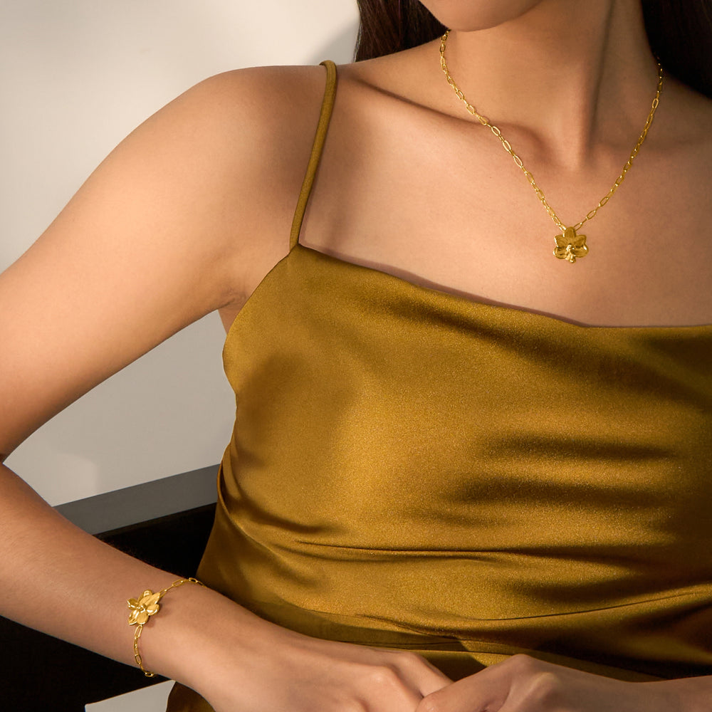 RISIS Gold Necklace and Bracelet, Natural Petite Ascocenda Orchid encapsulated in 24K Swiss Gold