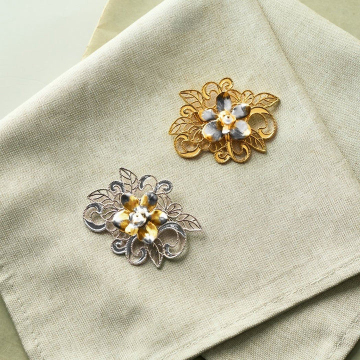 RISIS Gold & Silver Peranakan Lace with Bi-Colour Orchid Brooch with Pearl