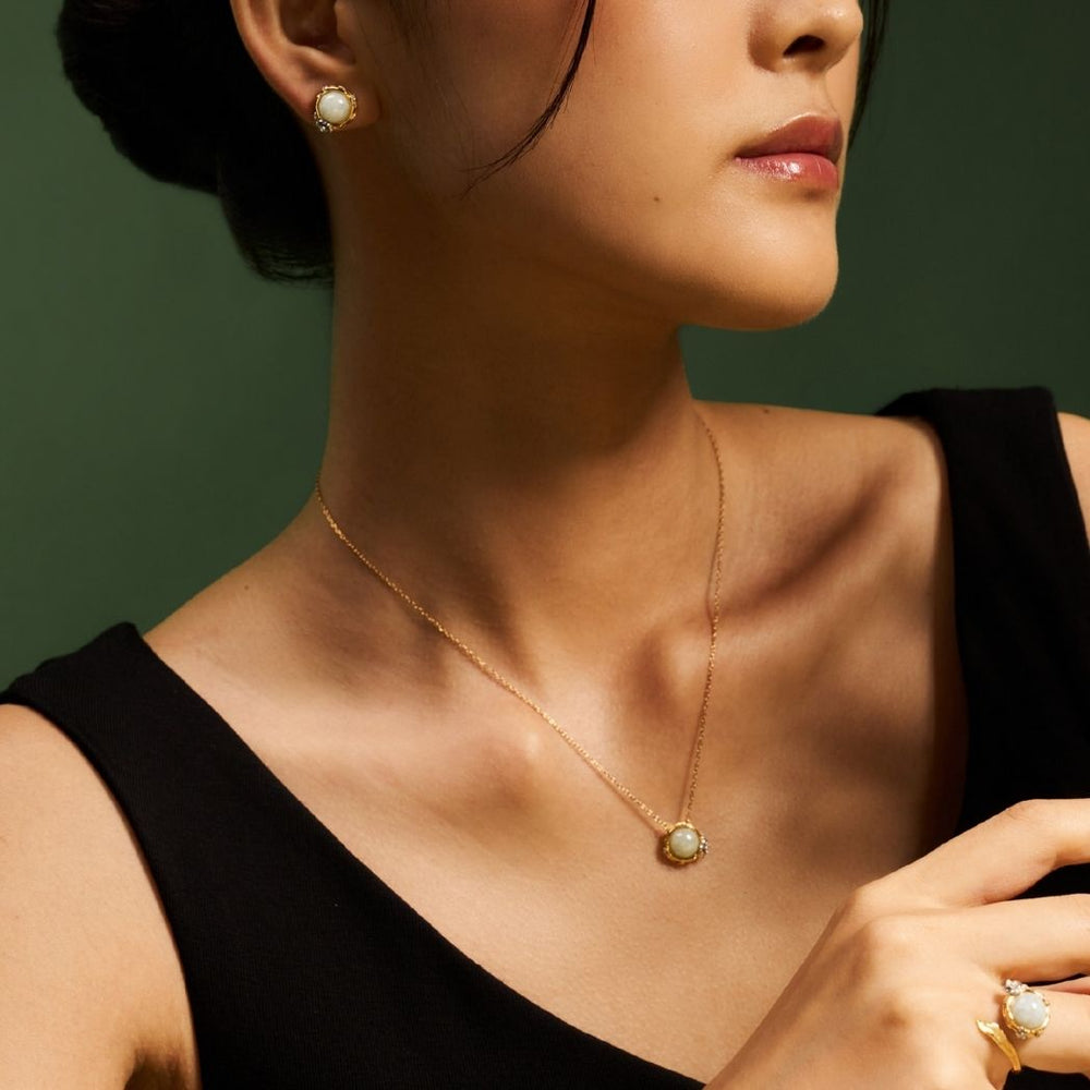 RISIS Jadeite Halo Jewellery Set (Necklace, Earrings & Ring) in 18K Gold and Rhodium with Type A Jadeite