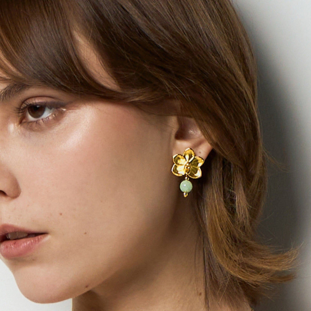 RISIS Jadeite Her Ascocenda Orchids Earrings,  Natural Ascocenda Sagarik Gold Orchid Encapsulated in 24K Swiss Gold with Type A Jadeite
