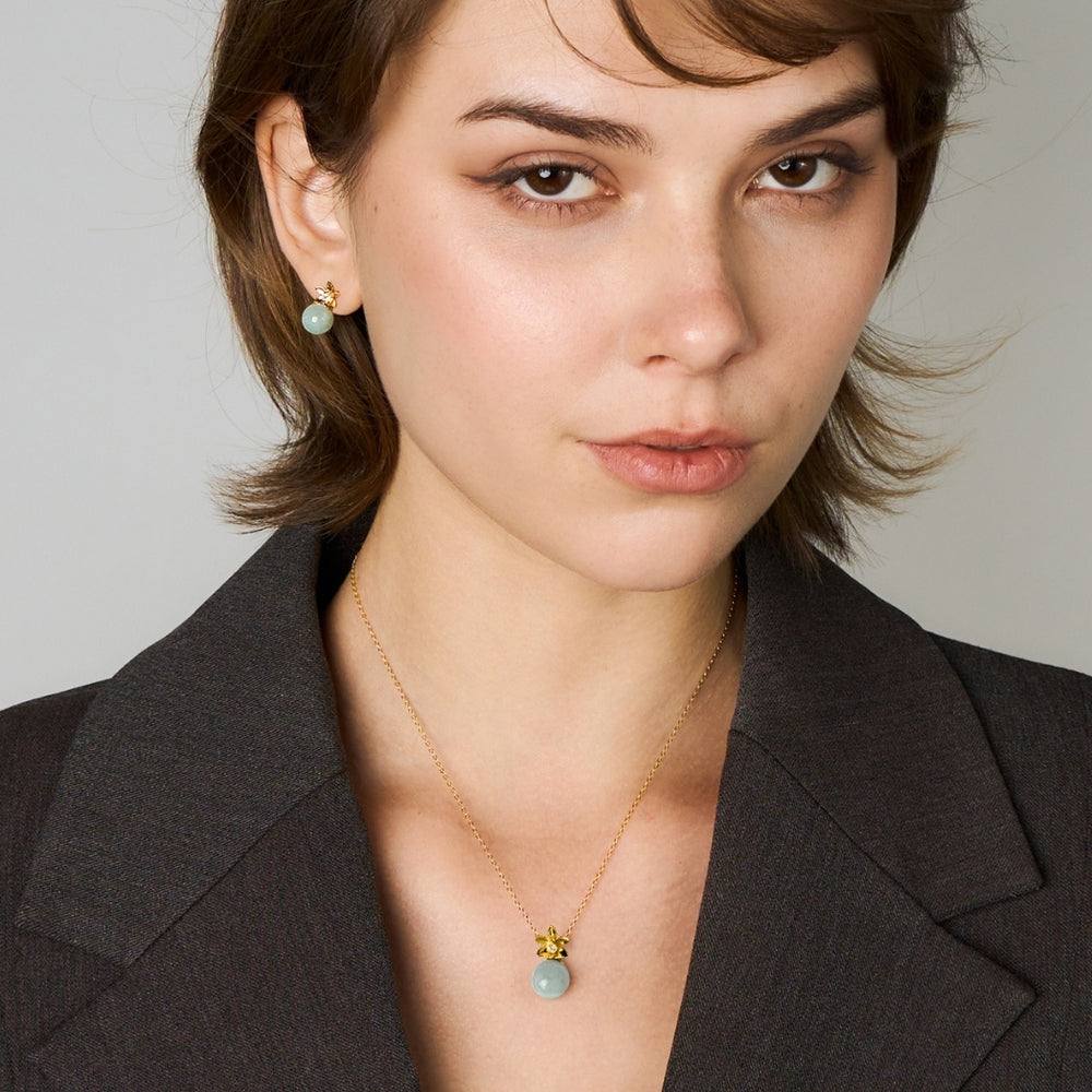 RISIS Jadeite Her Petite Orchid Earrings & Necklace with White Topaz, 925 Sterling Silver Encapsulated in 18K Gold with Type A Jadeite and White Topaz