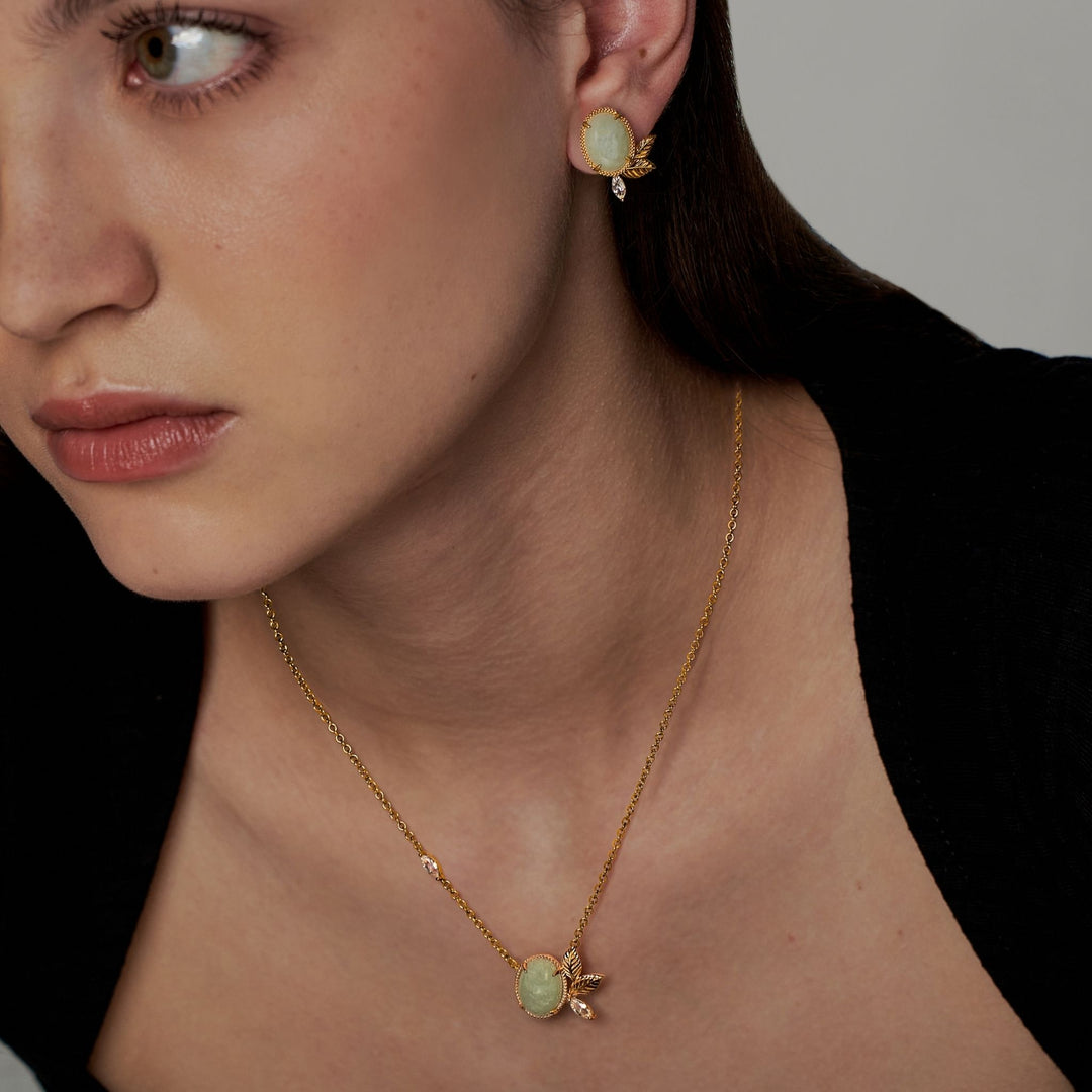 RISIS Jadeite Prairie Earrings & Necklace Set, 925 Silver encapsulated in 18K Gold with Type A Jadeite Oval Cabochon and Marquise Cut White Topaz