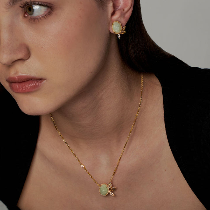 RISIS Jadeite Prairie Earrings & Necklace Set, 925 Silver encapsulated in 18K Gold with Type A Jadeite Oval Cabochon and Marquise Cut White Topaz