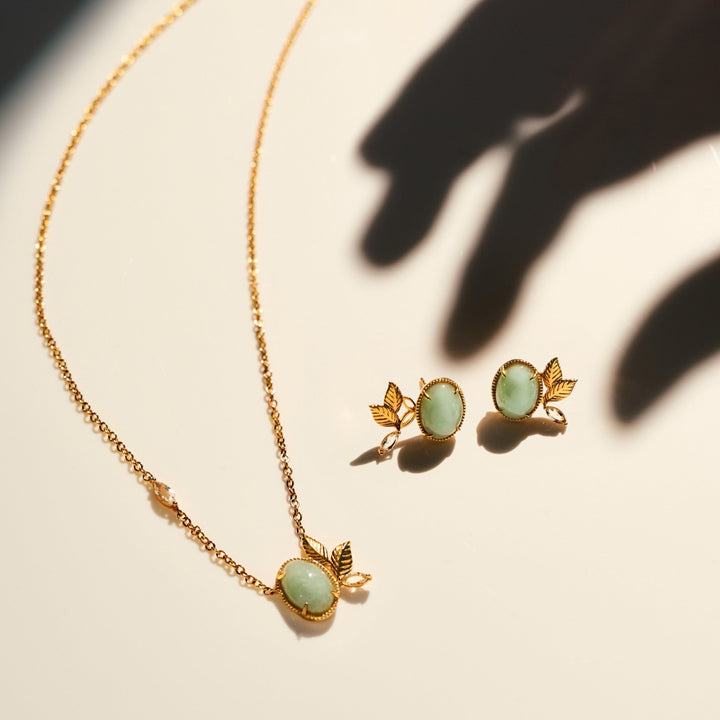 RISIS Jadeite Prairie Earrings & Necklace Set, 925 Silver encapsulated in 18K Gold with Type A Jadeite Oval Cabochon and Marquise Cut White Topaz