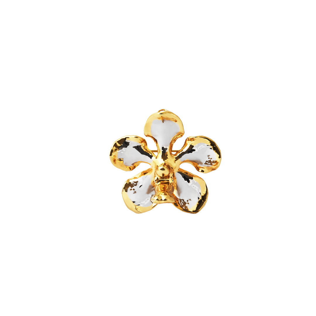 RISIS Kagawara Firebird Orchid Brooch/Pendant (PG) -Encapsulated in 24K Swiss Gold and Palladium. A gold and white flower-shaped brooch with four glossy petals, highlighted by the golden edges and details, creating an elegant and classic jewelry piece.