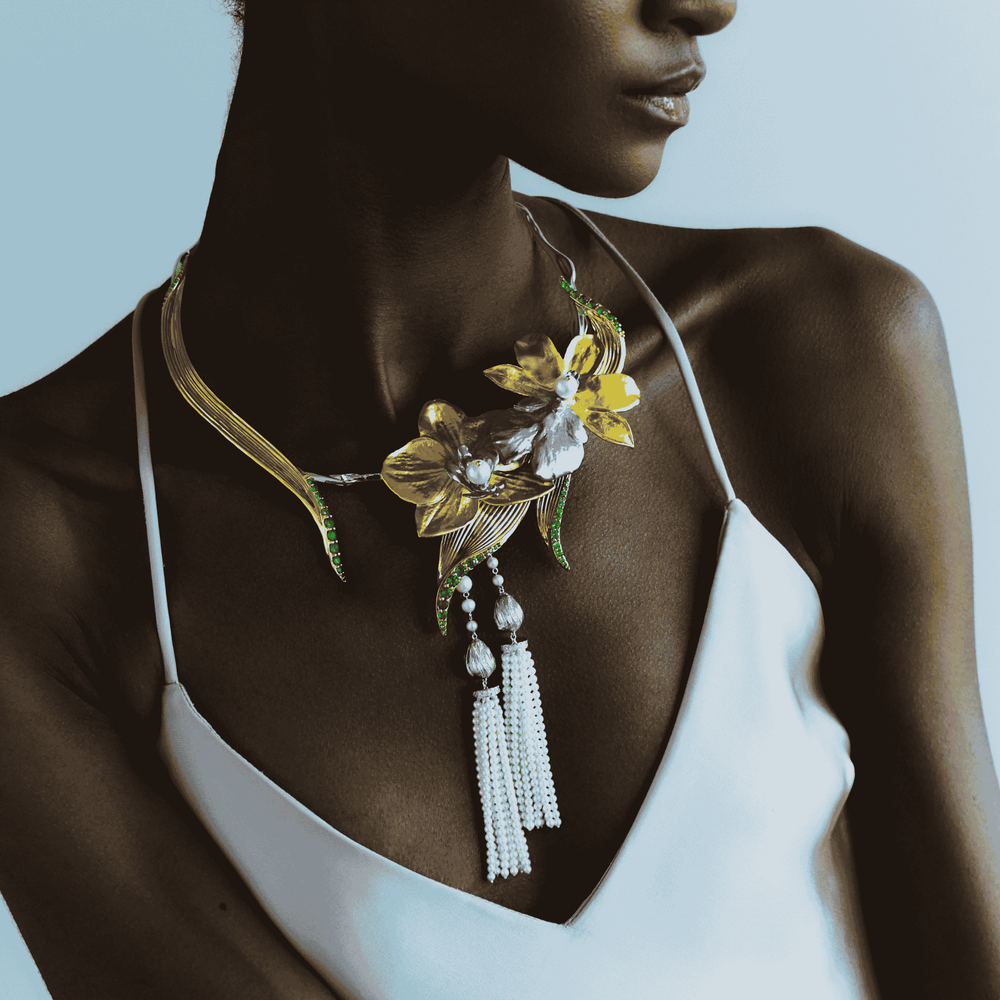 RISIS L’Orchidée Necklace In Gold with Diamonds and Akoya Pearls