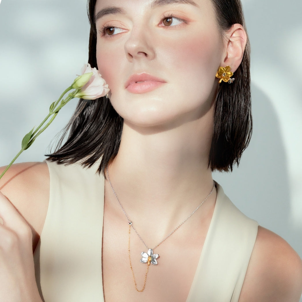RISIS Ladybird’s Orchid Trail Necklace, Natural Ascocenda Red Belt Orchid Encapsulated in 24K Swiss Gold and Palladium.