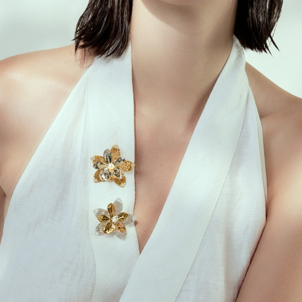 RISIS Lumina Gold & Silver Orchid Brooch with Pearl and Moissanite