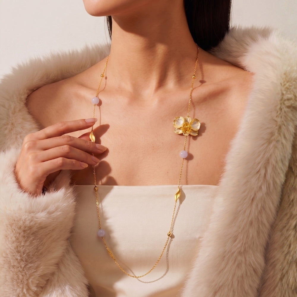 RISIS Merry Blossom Necklace encapsulated with 24K Swiss gold and Palladium with Rose Quartz Beads