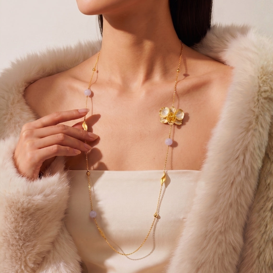 RISIS Merry Blossom Necklace encapsulated with 24K Swiss gold and Palladium with Rose Quartz Beads