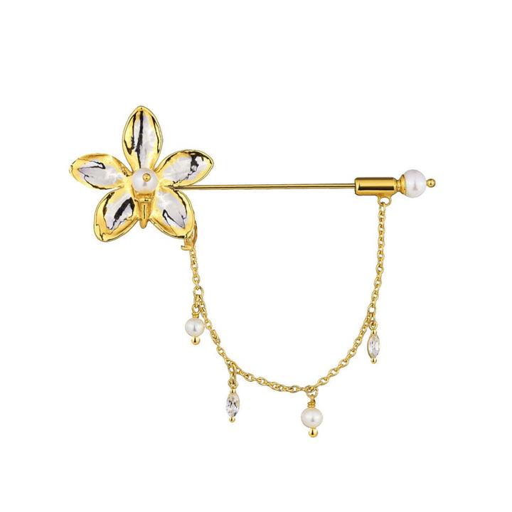 RISIS Natural Aeridovanda Orchid Brooch encapsulated in 24K Swiss Gold and Palladium Silver with Freshwater Pearls and Marquise Cut White Topaz