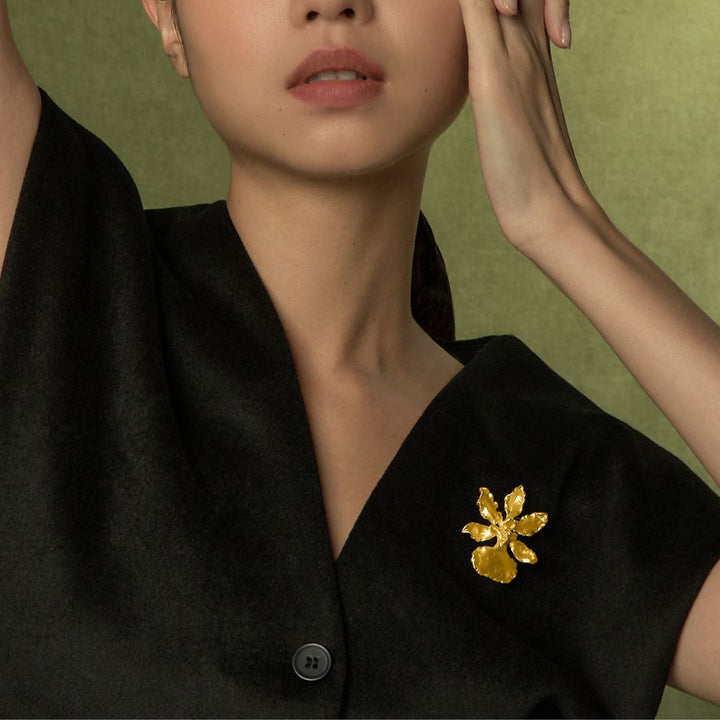 RISIS Natural Oncidium Haematochilum Orchid Brooch Encapsulated in 24K Swiss Gold