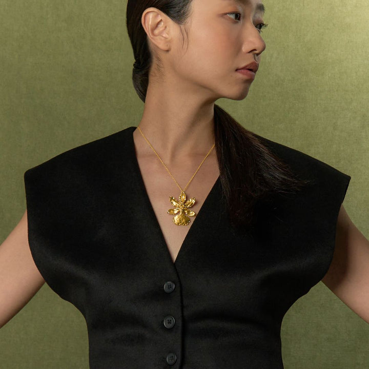 RISIS Natural Oncidium Haematochilum Orchid Necklace Encapsulated in 24K Swiss Gold