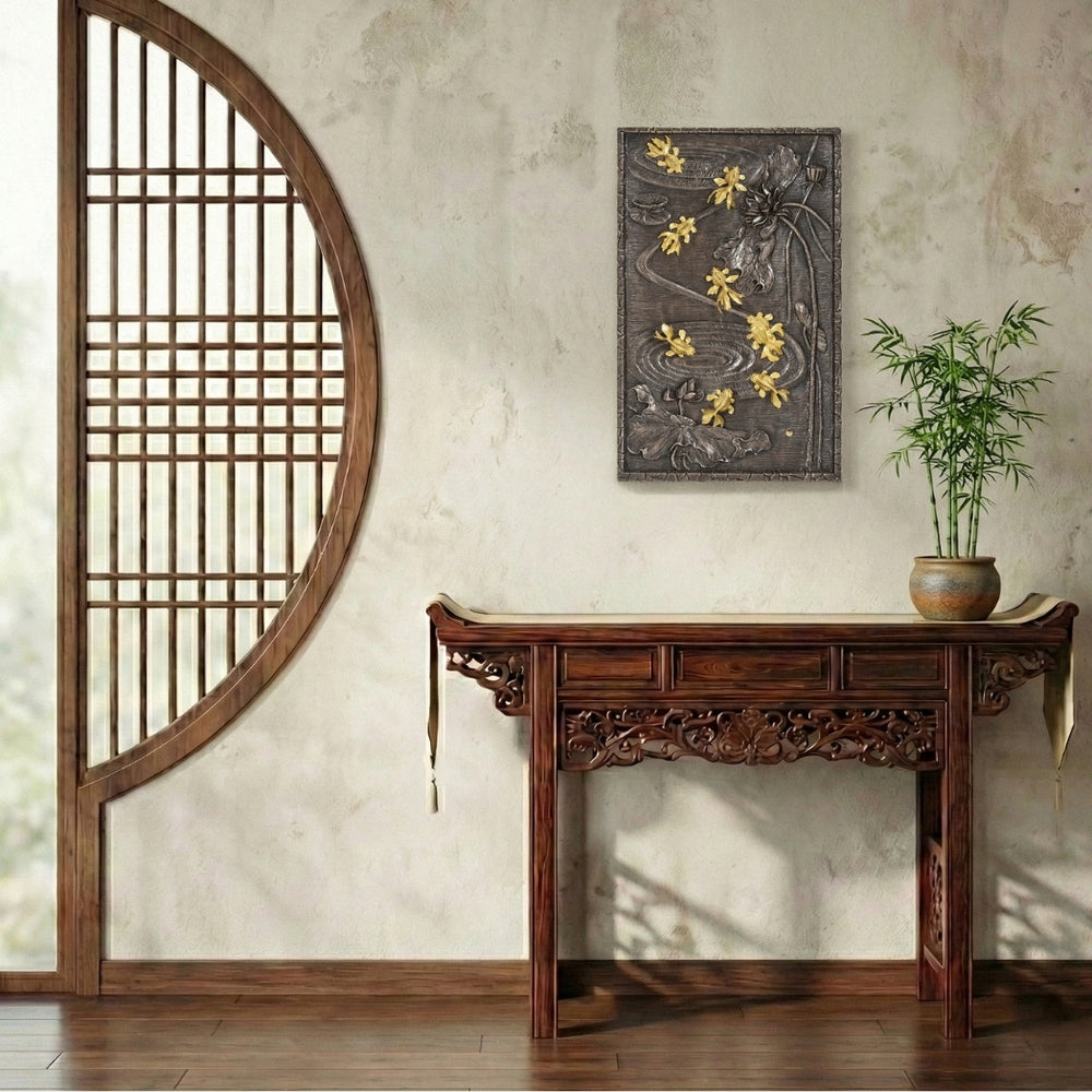 RISIS Nine Goldfish Lotus Frame, Encapsulated in 24K Swiss Gold on a Blackened Copper Frame