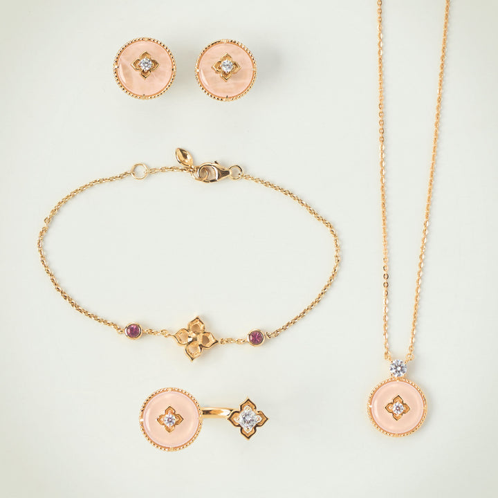 RISIS NyonyaBelle Bridal (Si Dian Jin) Jewellery Set (Earrings, Necklace, Bracelet & Ring), 925 Sterling Silver encapsulated in 18K Gold with Rose Quartz and White Topaz