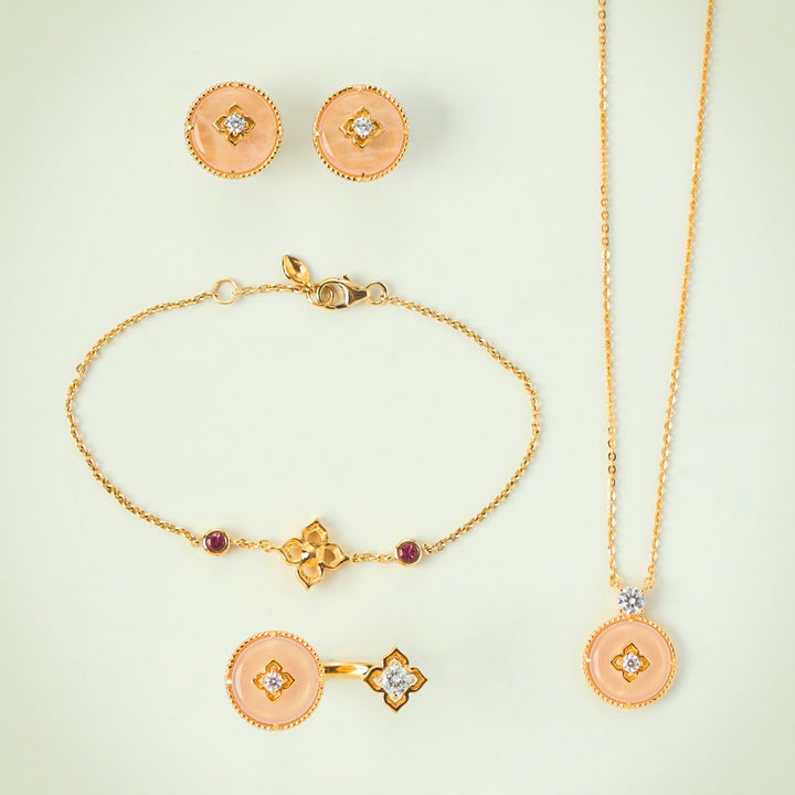 RISIS NyonyaBelle Bridal (Si Dian Jin) Jewellery Set (Earrings, Necklace & Ring), 925 Sterling Silver encapsulated in 18K Gold with Rose Quartz and White Topaz