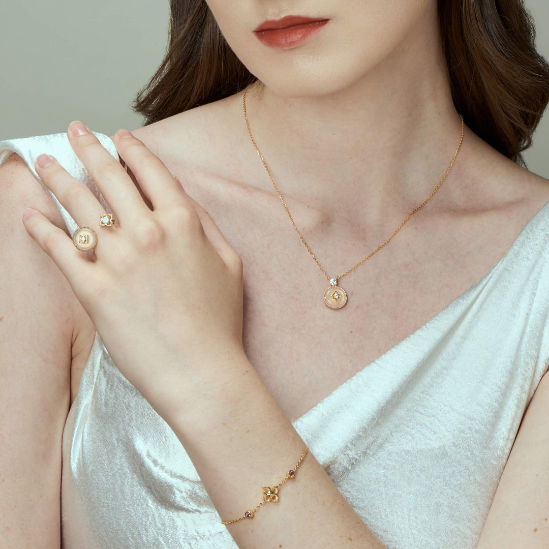 RISIS NyonyaBelle Bridal (Si Dian Jin) Jewellery Set (Earrings, Necklace & Ring), 925 Sterling Silver encapsulated in 18K Gold with Rose Quartz and White Topaz