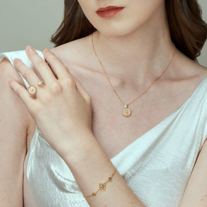 RISIS NyonyaBelle Bridal (Si Dian Jin) Jewellery Set (Earrings, Necklace & Ring), 925 Sterling Silver encapsulated in 18K Gold with Rose Quartz and White Topaz