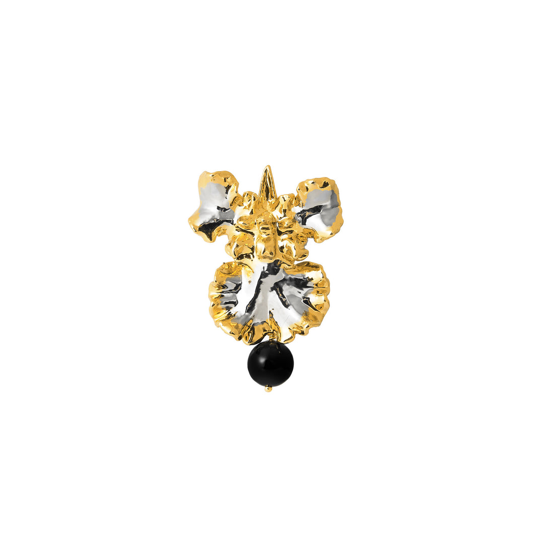 RISIS Oncidium Black Onyx Brooch, Natural Oncidium Sweet Sugar Orchid encapsulated in 24K Swiss Gold and Palladium with Black Onyx