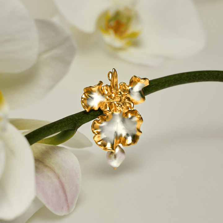 RISIS Oncidium Orchid Brooch in 24K Gold with Pink Baroque Pearl